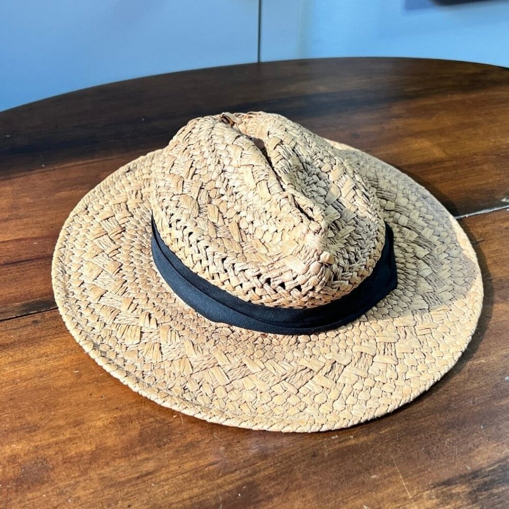 Ruggine Boho Chic Summer Panama Hat Black Tucked Ribbon Patterned Weave Accent